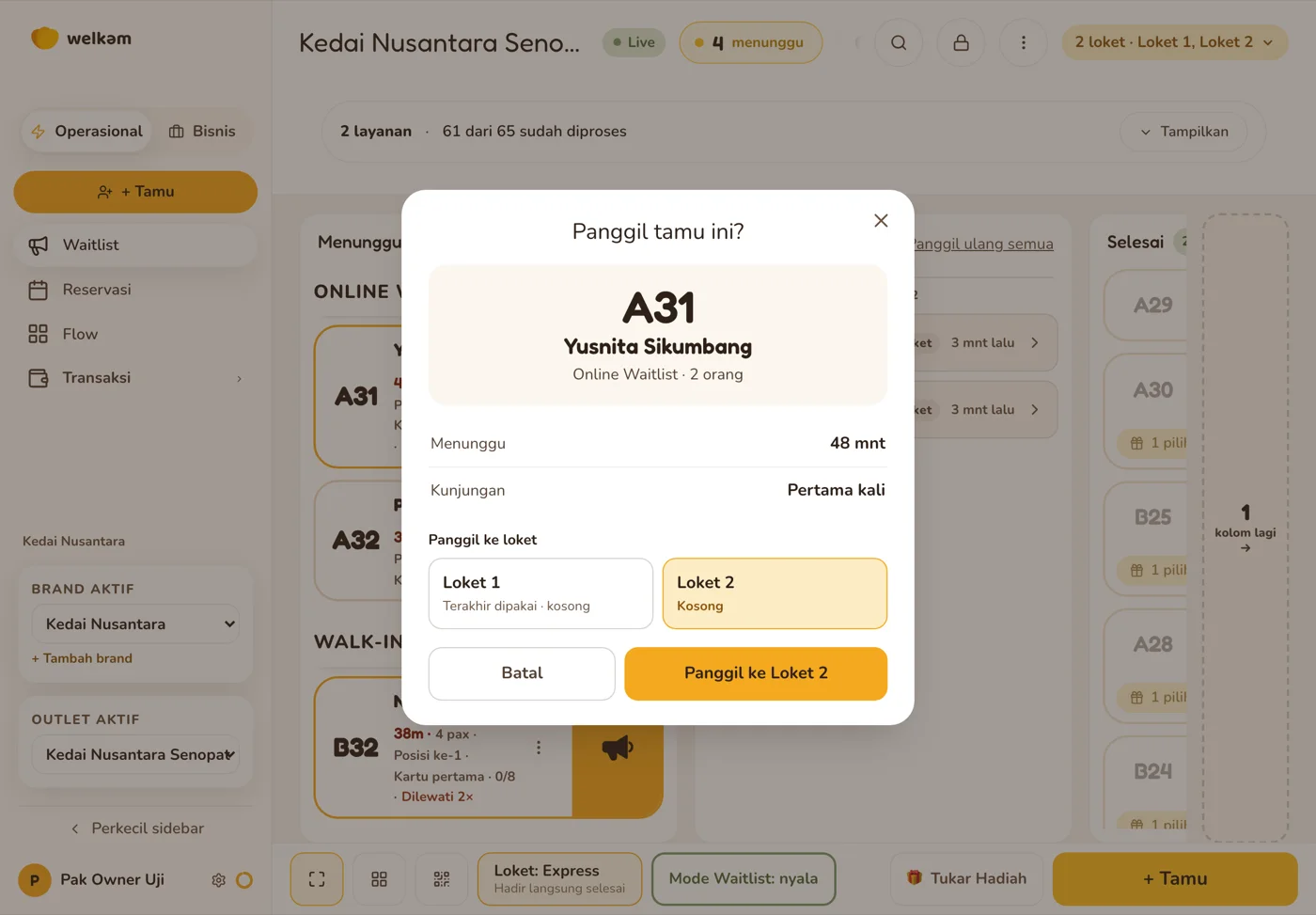 Pop-up Panggil tamu ini di Welkam dengan pilihan Panggil ke loket