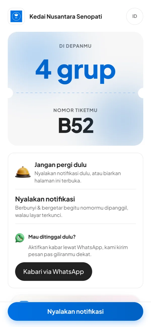 Tiket Welkam di HP tamu dengan tombol Kabari via WhatsApp
