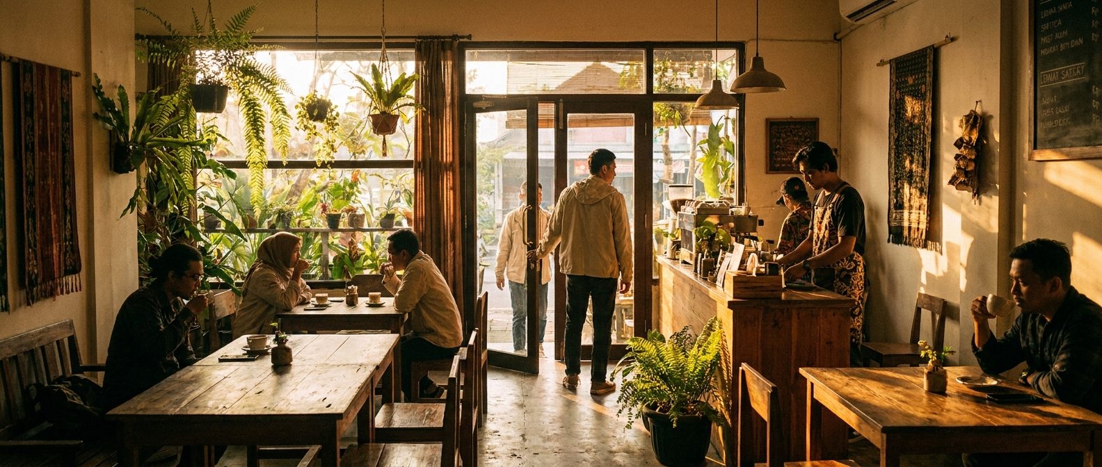 Suasana kedai di Indonesia dengan tamu yang datang silih berganti