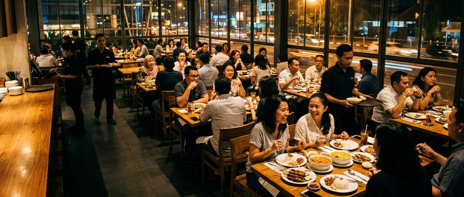Suasana restoran ramai di Indonesia pada jam makan malam