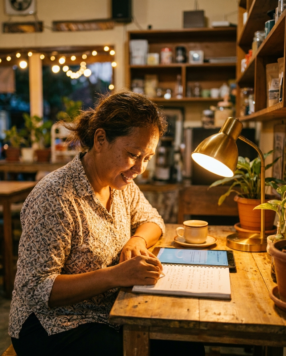 Pemilik kedai membaca laporan pelanggan di tablet